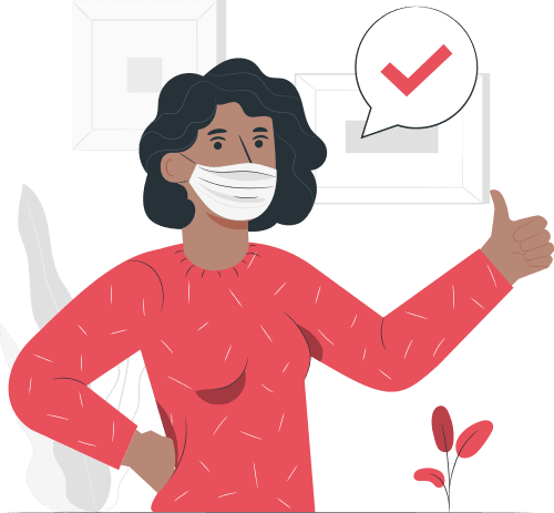 cov illustration cartoon of woman wearing mask holding a thumbs up